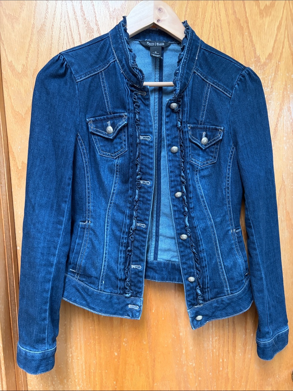 White House Black Market Dark Blue Ruffle-Trim Denim Jacket